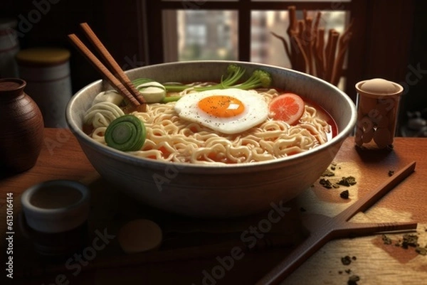 Fototapeta Japanese Ramen with noodles, boiled egg and vegetables, served in a bowl with chopsticks, served on a table.