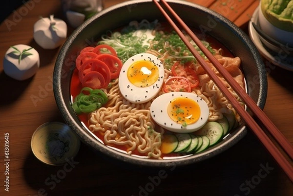 Fototapeta Japanese Ramen with noodles, boiled egg and vegetables, served in a bowl with chopsticks, served on a table.