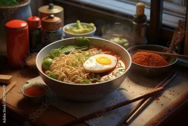 Fototapeta Japanese Ramen with noodles, boiled egg and vegetables, served in a bowl with chopsticks, served on a table.