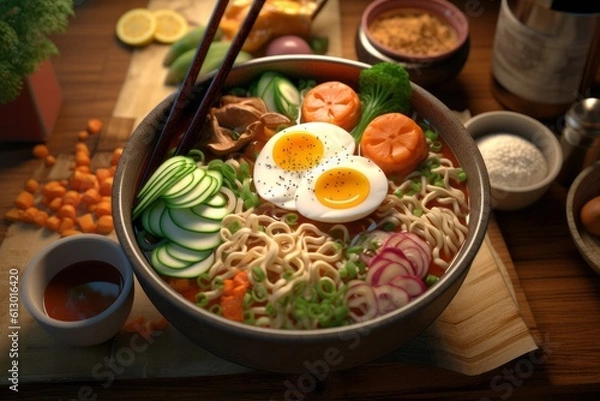 Fototapeta Japanese Ramen with noodles, boiled egg and vegetables, served in a bowl with chopsticks, served on a table.