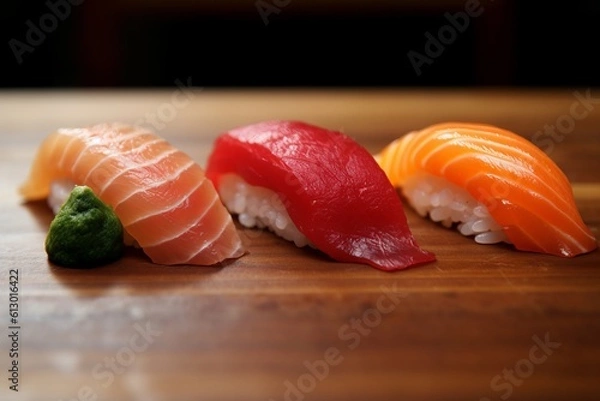 Fototapeta Selection of fresh sushi cuts. Placed on a serving board on a table. Generated Ai.