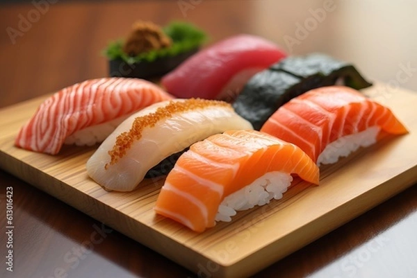 Fototapeta Selection of fresh sushi cuts. Placed on a serving board on a table. Generated Ai.