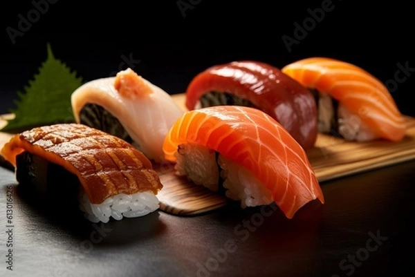 Fototapeta Selection of fresh sushi cuts. Placed on a serving board on a table. Generated Ai.