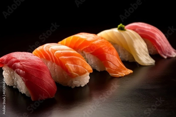 Fototapeta Selection of fresh sushi cuts. Placed on a serving board on a table. Generated Ai.