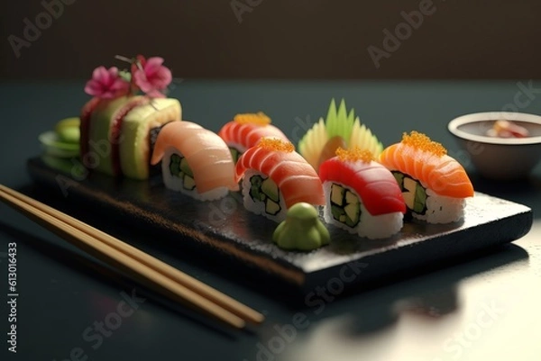 Fototapeta Selection of fresh sushi cuts. Placed on a serving board on a table. Generated Ai