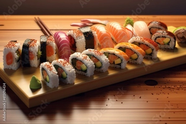 Fototapeta Selection of fresh sushi cuts. Placed on a serving board on a table. Generated Ai