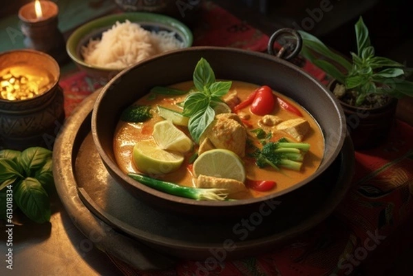 Fototapeta Yellow Thai Chicken Curry served in a bowl topped with chilli, lime and mint. Generated AI