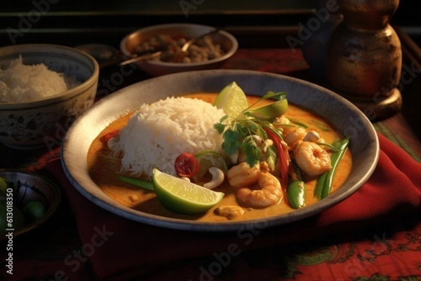 Fototapeta Yellow Thai Prawn Shrimp Curry served in a bowl topped with chilli, lime and mint. Generated AI