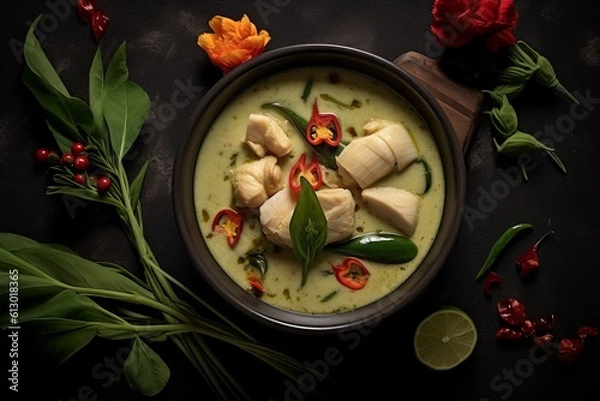 Fototapeta Green Thai Chicken Curry served in a bowl topped with chilli, lime and mint. Generated AI