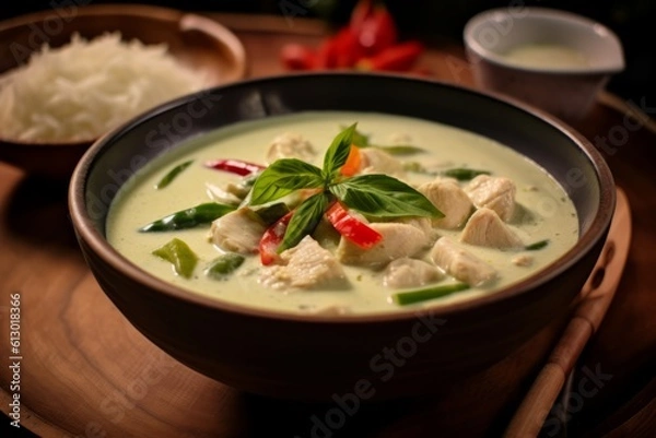 Fototapeta Green Thai Chicken Curry served in a bowl topped with chilli, lime and mint. Generated AI