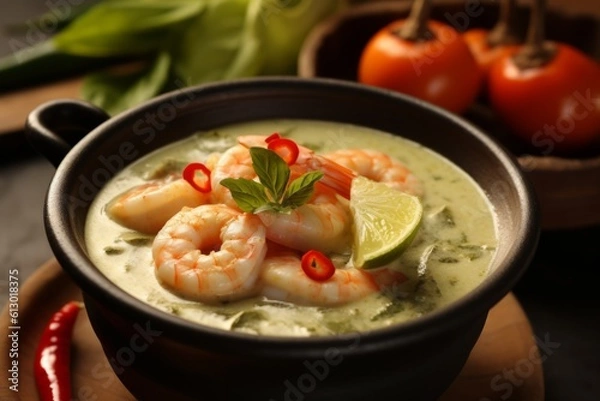 Fototapeta Green Thai Prawn Shrimp Curry served in a bowl topped with chilli, lime and mint. Generated AI