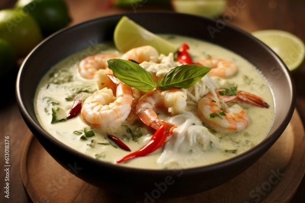 Fototapeta Green Thai Prawn Shrimp Curry served in a bowl topped with chilli, lime and mint. Generated AI