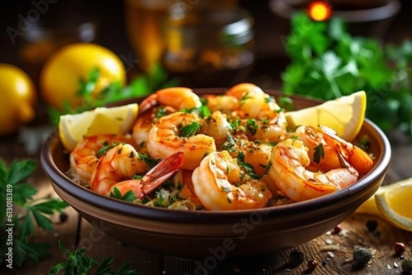 Fototapeta A light yet rounded dish from the south of France, shrimp Provençal is full of plump shrimp and fresh herbs in a bright garlic tomato broth. Generated Ai