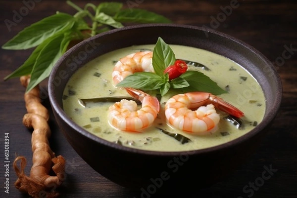 Fototapeta Green Thai Prawn Shrimp Curry served in a bowl topped with chilli, lime and mint. Generated AI