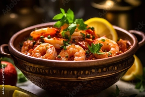 Fototapeta A light yet rounded dish from the south of France, shrimp Provençal is full of plump shrimp and fresh herbs in a bright garlic tomato broth. Generated Ai