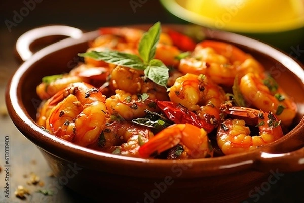 Fototapeta A light yet rounded dish from the south of France, shrimp Provençal is full of plump shrimp and fresh herbs in a bright garlic tomato broth. Generated Ai