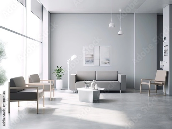 Fototapeta Living room with a comfortable sofa, plants and pictures on the wall, decoration concept. Generative AI.