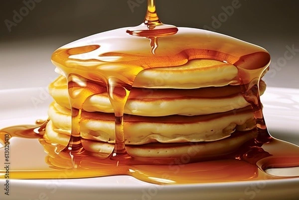 Fototapeta Fresh hot pancakes, topped with maple syrup, served on a plate. Generated Ai