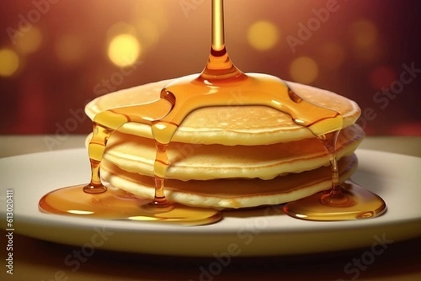 Fototapeta Fresh hot pancakes, topped with maple syrup, served on a plate. Generated Ai