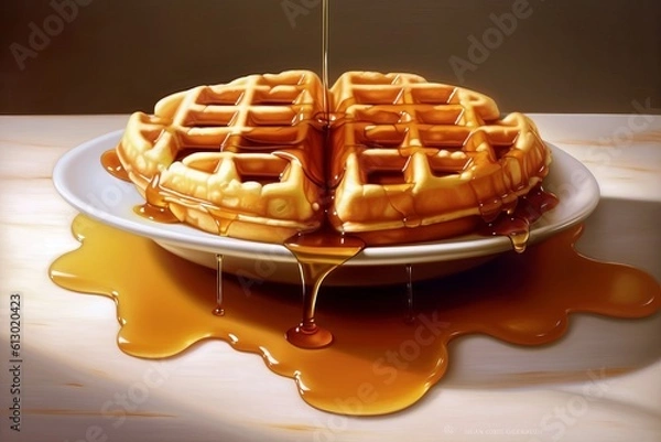 Fototapeta Fresh hot waffles, topped with maple syrup, served on a plate. Generated Ai