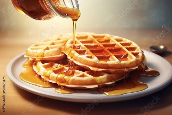 Fototapeta Fresh hot waffles, topped with maple syrup, served on a plate. Generated Ai