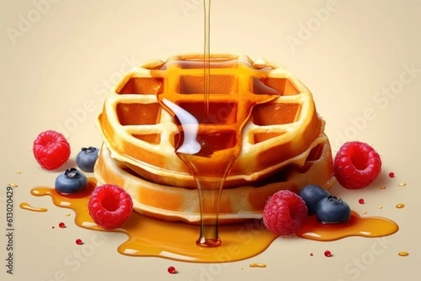 Fototapeta Fresh hot waffles, topped with fruits and maple syrup, served on a plate. Generated Ai
