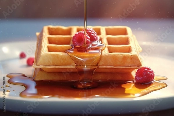 Fototapeta Fresh hot waffles, topped with fruits and maple syrup, served on a plate. Generated Ai