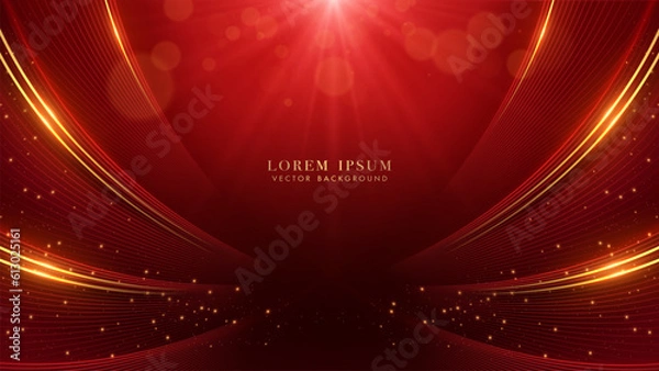 Obraz Golden and red curve lines with glittering light, light beam effects and bokeh decoration on red background. Luxury style vector design