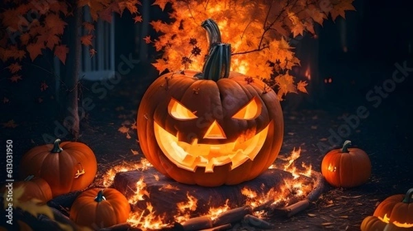Fototapeta Illustration of a halloween pumpkin on fire, AI generative