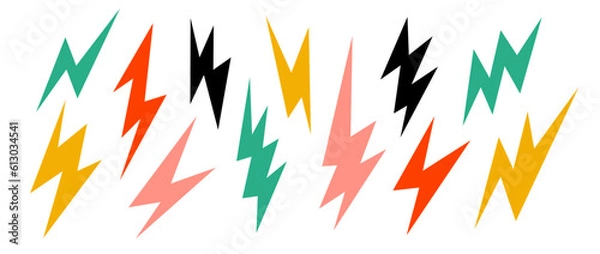 Fototapeta Colorful lightning bolt set. Bright thunderbolt collection. Flash symbols in cartoon colors. Lightning strike signs. Vector illustration 