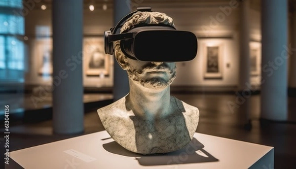 Obraz A VR headset in a museum glass display, Generative AI
