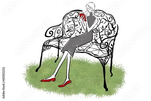 Obraz Woman sitting on a bench reading a book.