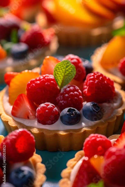 Fototapeta Beautiful close-up of small delicious berry tarts on a table indoors, made with generative AI