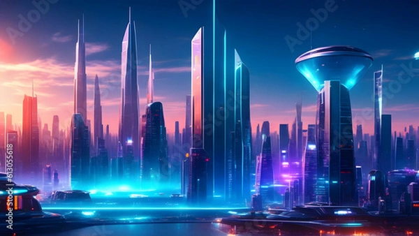 Fototapeta a futuristic cityscape with advanced technological infrastructure, including autonomous vehicles, smart buildings, and holographic displays created with Generative AI Technology