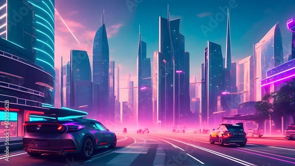 Fototapeta a futuristic cityscape with advanced technological infrastructure, including autonomous vehicles, smart buildings, and holographic displays created with Generative AI Technology