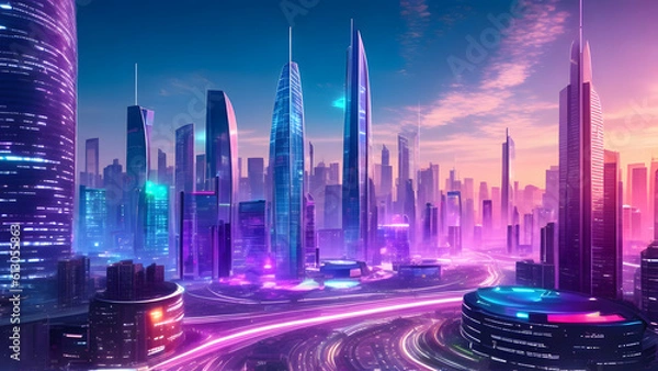 Obraz a futuristic cityscape with advanced technological infrastructure, including autonomous vehicles, smart buildings, and holographic displays created with Generative AI Technology