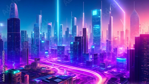 Fototapeta a futuristic cityscape with advanced technological infrastructure, including autonomous vehicles, smart buildings, and holographic displays created with Generative AI Technology