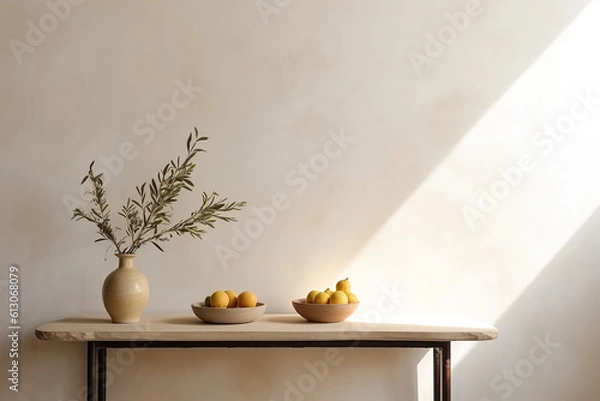 Fototapeta Minimalistic still life composition with a bright background. Interior design concept. Generative AI