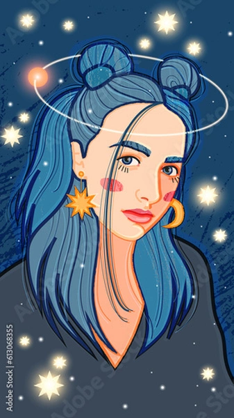 Fototapeta An illustration made in the author's style with the image of a female portrait against the background of the night starry sky