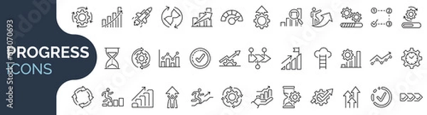 Fototapeta Set of outline icon related to progress, growth, efficiency. Linear icon collection. Editable stroke. Vector illustration