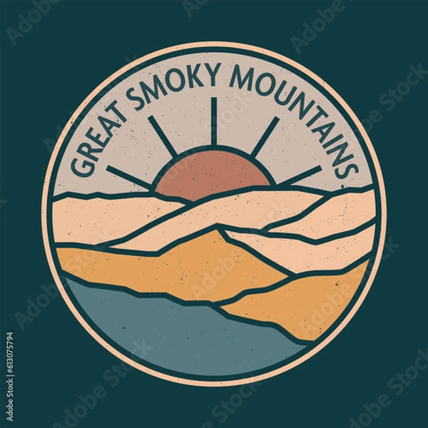 Fototapeta Great Smoky Mountains National Park, mountain sunset retro vector print illustration Line Art