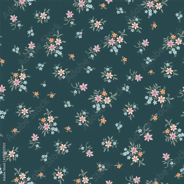 Fototapeta Fashionable pattern with small flowers on a green background. Seamless botanical print with various floral elements. A collection of vintage textiles for fabric and wallpaper.