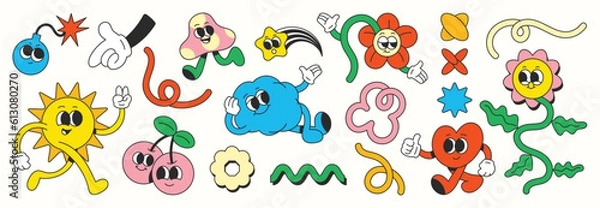 Obraz Zestaw wektoru elementu z lat 70.. Kolekcja postaci z kreskówek, doodle uśmiech twarz, kwiat, pączek, bomba, gwiazda, blask, bańka, wiśnia, słońce. Śliczny retro groovy hipis design do dekoracyjnej, naklejki.