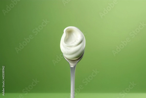 Fototapeta Fresh natural yogurt or cream on the metal spoon, isolated on green background. Photorealistic generative art