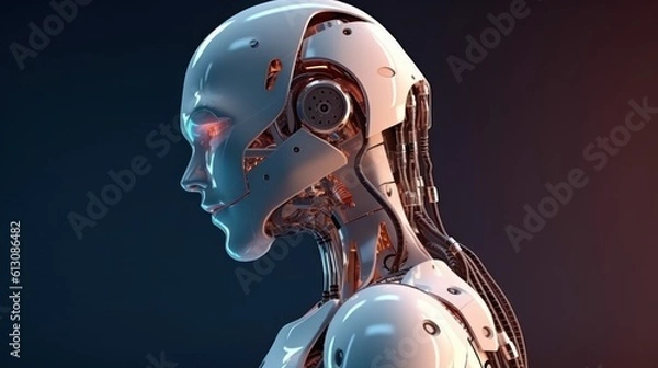 Fototapeta 3D robotic character in side view isolated on white background with cinematic illumination. (AI generated, neural