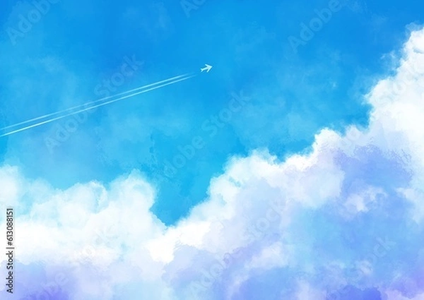 Obraz 入道雲と飛行機雲の夏の水彩背景素材