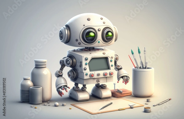 Fototapeta Cute robot artist doing painting - Generative AI