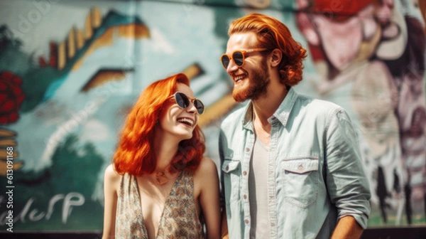 Fototapeta Berlin's vibrant streets, a backdrop for a radiant couple, their laughter echoing the city's spirit, a perfect summer day captured. Street Photography. Generative AI