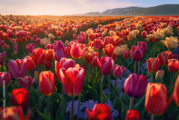 Fototapeta Mesmerizing Carpet Of Tulips In Full Bloom. Generative AI