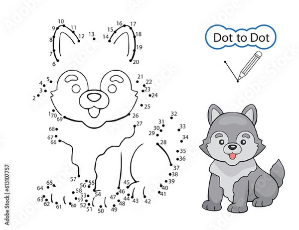Fototapeta Dot to dot game. Kids activity education worksheet. Art game. Finish drawing image of cute wolf. Children drawn riddle by numbers. Vector illustration.